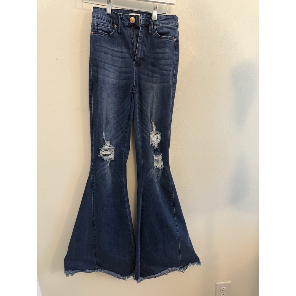 YMI Gigi Fit & Flare Bell Bottom Jeans Raw Hem Festival Wide Leg Y2K S 5/27 EUC - Picture 2 of 8